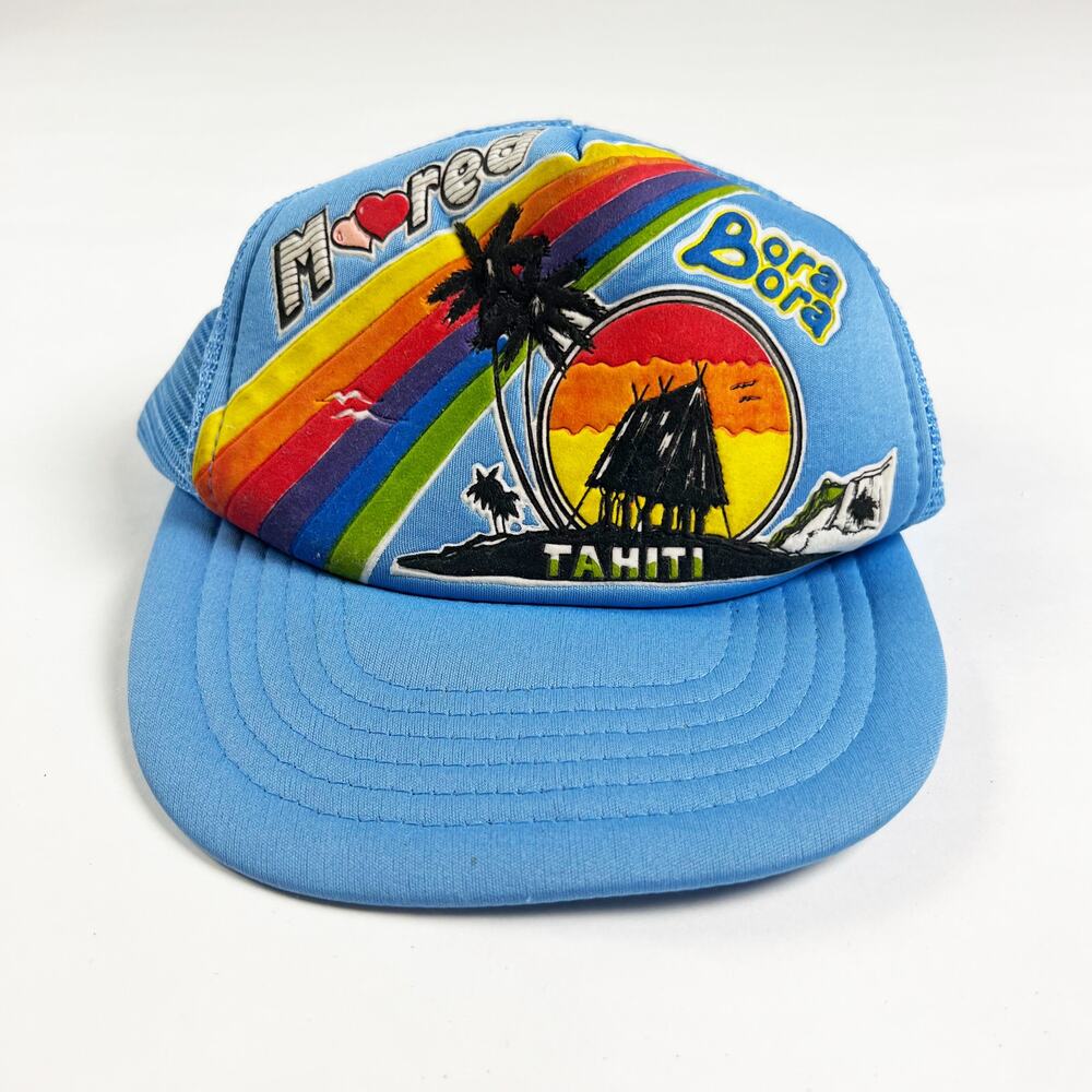 Vintage 80s 90s Moored Bora Bora Tahiti baby blue rainbow snapback hat cap